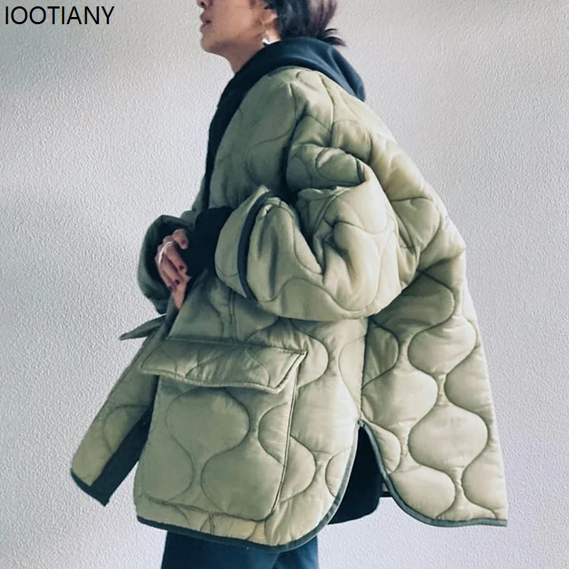 2025 New Style Women's Green Casual Loose Coats For Females V Neck Long Sleeve Flap Pocket Solid Minimalist Winter Coat