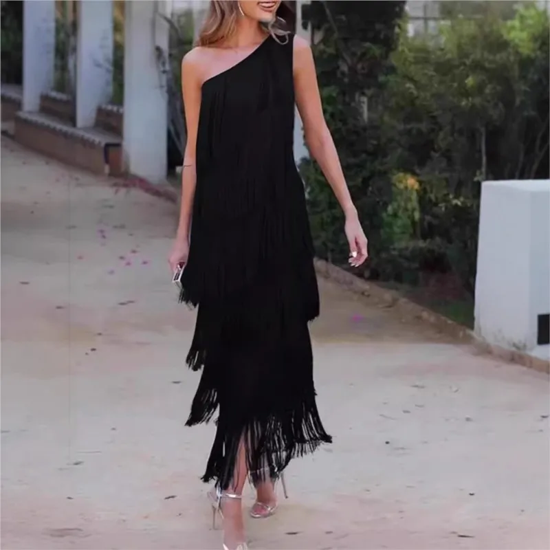 Nowa seksowna sukienka damska z frędzlami, odkrywająca ramiona, asymetryczna, nowa kolekcja wiosna-lato, sukienki boho na studniówkę i imprezy dla kobiet.