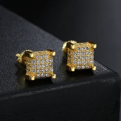 HipHop Male Small Screw Back Earring Full White Zircon Square Stud Earrings For Men Women Punk Gold Silver Color Party Jewelry