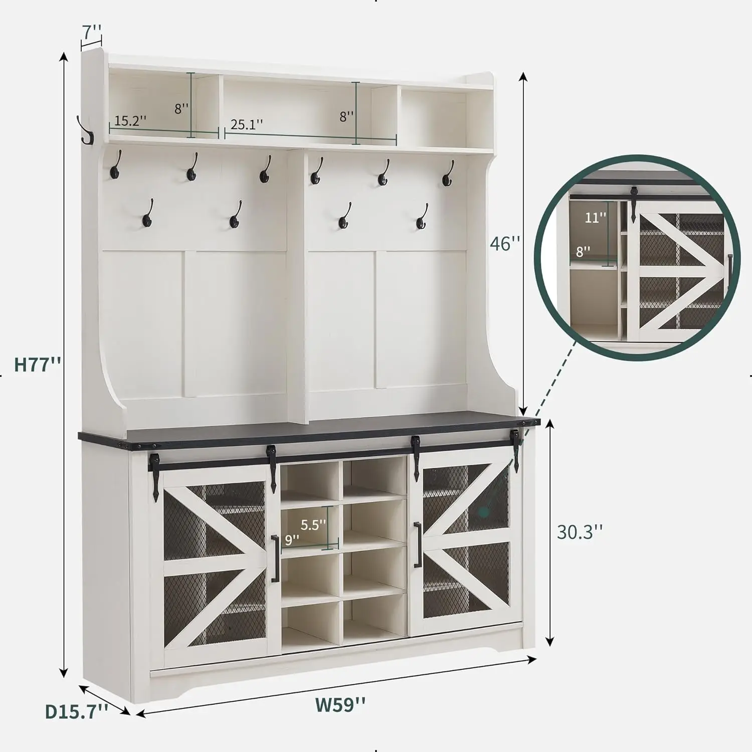 20 Shoe Cubbies & 12 Coat Hooks Wide Hall Tree with Shoe Storage Bench, Mudroom Storage Cabinet (Off White)