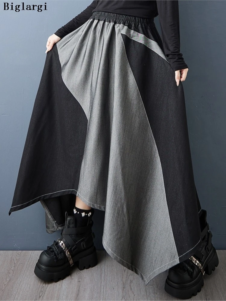 

Oversized Denim Irregular Patchwork Autumn Skirt Women Fashion Loose Ruffle Pleated Ladies Skirts Elastic High Waist Woman Skirt