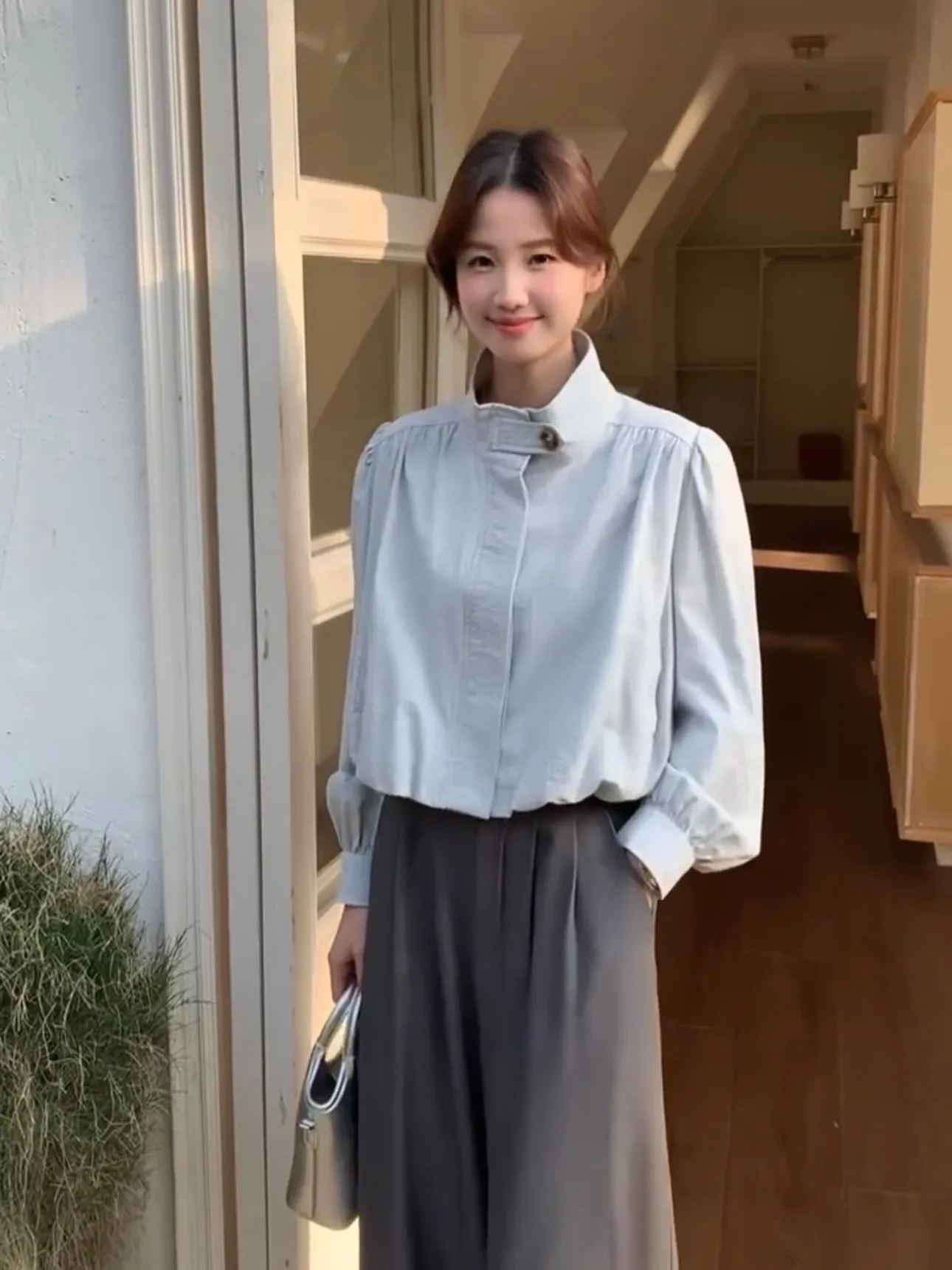 

Early Spring Korean Sle Casual Stand Collar Workwear Bloom irt Women's Loose Commute Design ort Length Cotton irt