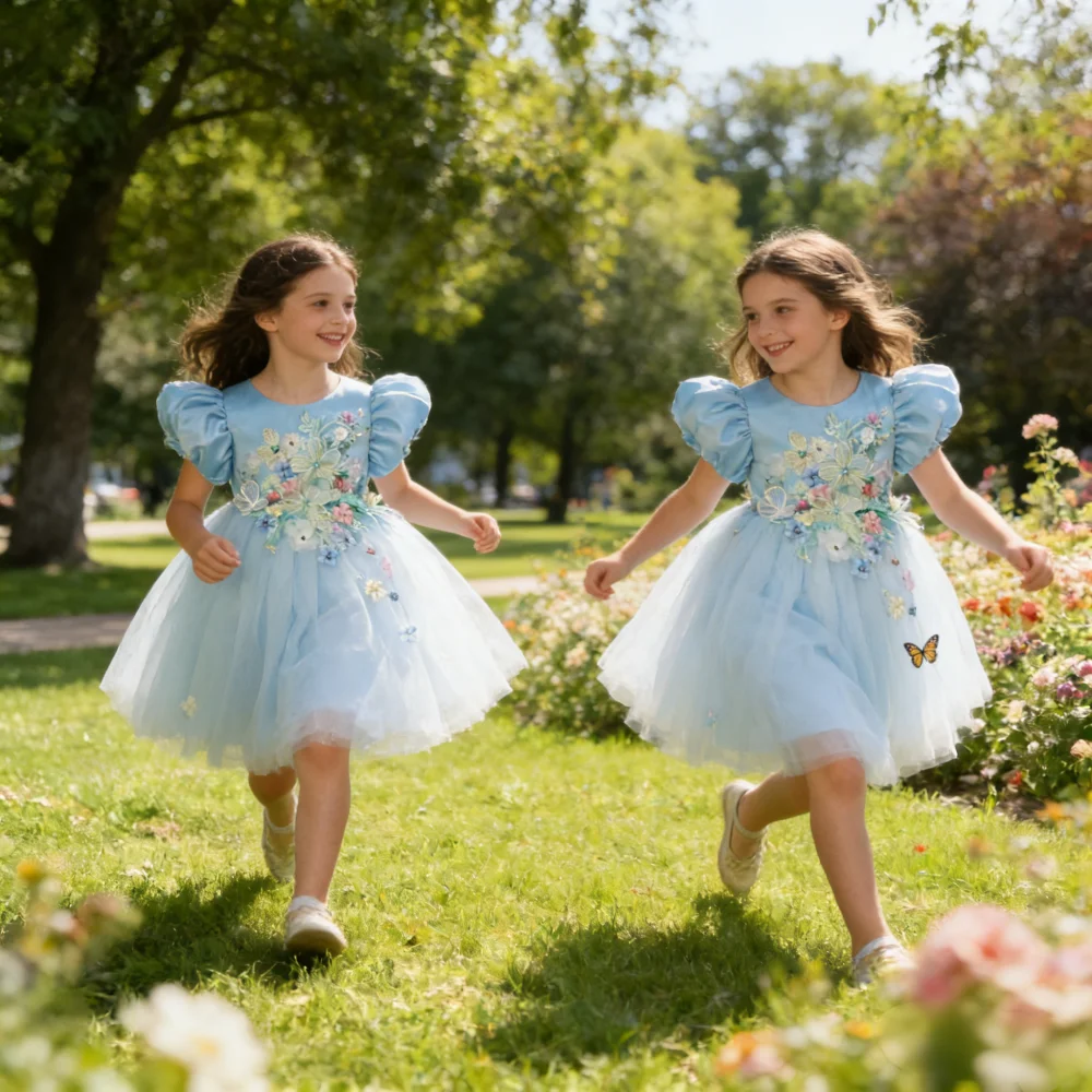 Nouvelle Robe de Princesse Bleue en Satin à Manches Bulles pour Enfants 2026 – Robe Bouffante pour A