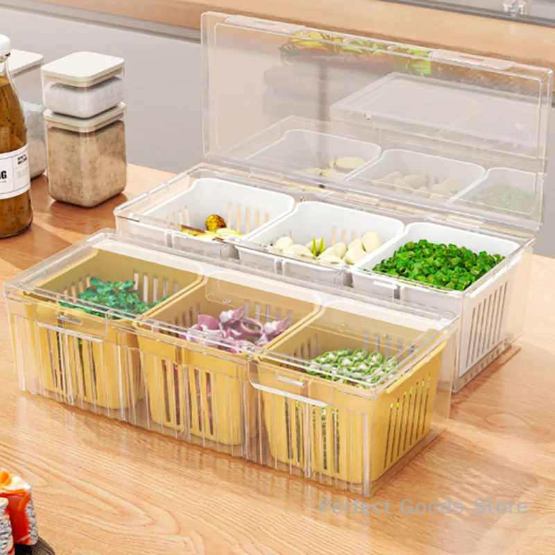 Kitchen Fruits Vegetables Storage Box Fridge Ginger Scallion Onion Fresh-keeping Container Food Drain Crisper Organizer