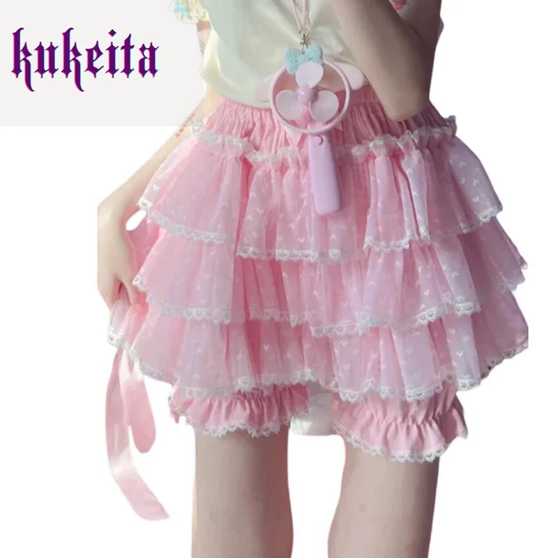 Harajuku Y2k Sweet Pink Bloomers Women Japanese Kawaii Lace Ruffles Lolita Cute Shorts Skirts Elastic Waist JK Pumpkin Pants