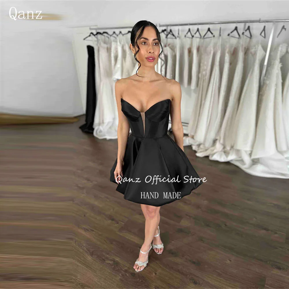 

Qanz Simple Black Party Prom Dresses Open Back Satin Short A Line Sweetheart Cocktail Dresses Vestido De Noche Plus Size 2024