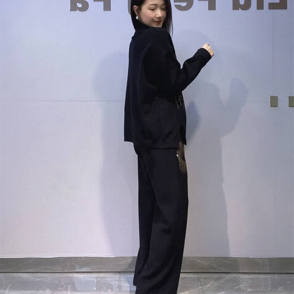 Zweiteilige Sets Damen-Outfits, geometrische Diamanten, Freizeitkleidung, Rollkragen, weites Bein, Hosenanzüge, Conjunto Femenino Roupa Elegante