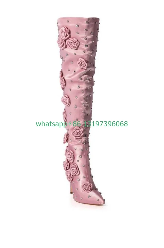 Lady bling stain pink rose design knee boots rhinestone design sequins handmake rose boots side zip pointed toe footwear size 44