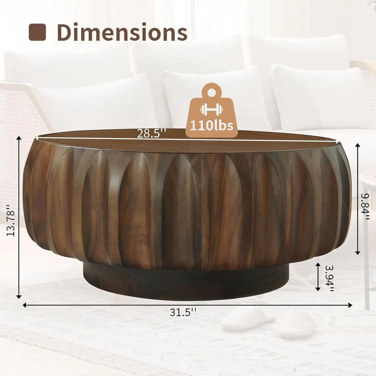 Modern Drum Coffee Table, Round Wooden Tea Table, Living Room Center Accent Table, Fluted Side Display Stand, Contemporary Low Cocktail Table, Walnut Single Piece