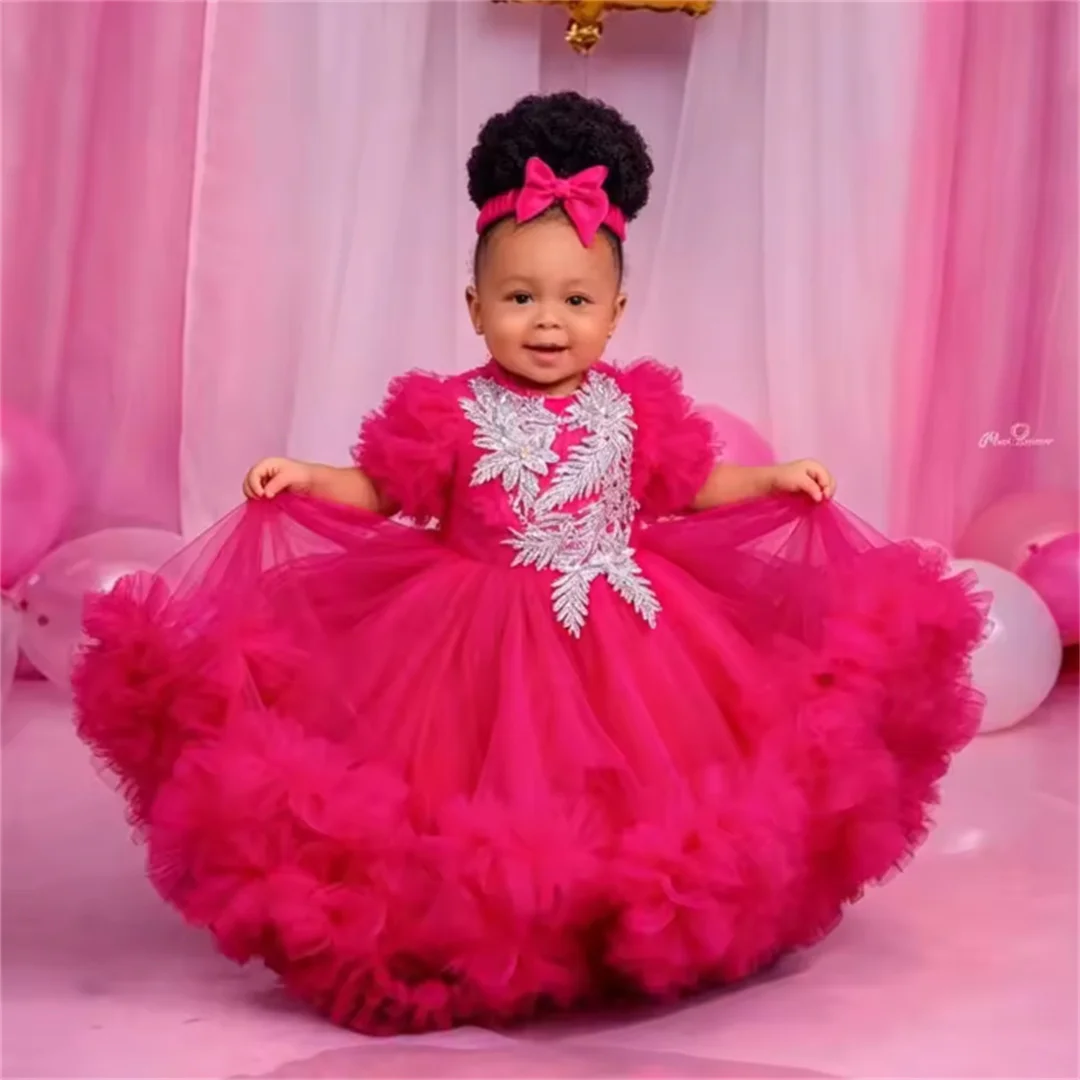 Customized Flower Girl Dresses Fuchsia Puffy Tulle Dress Sparkly Beaded 1st Birthday Photo Shoot Party Gown