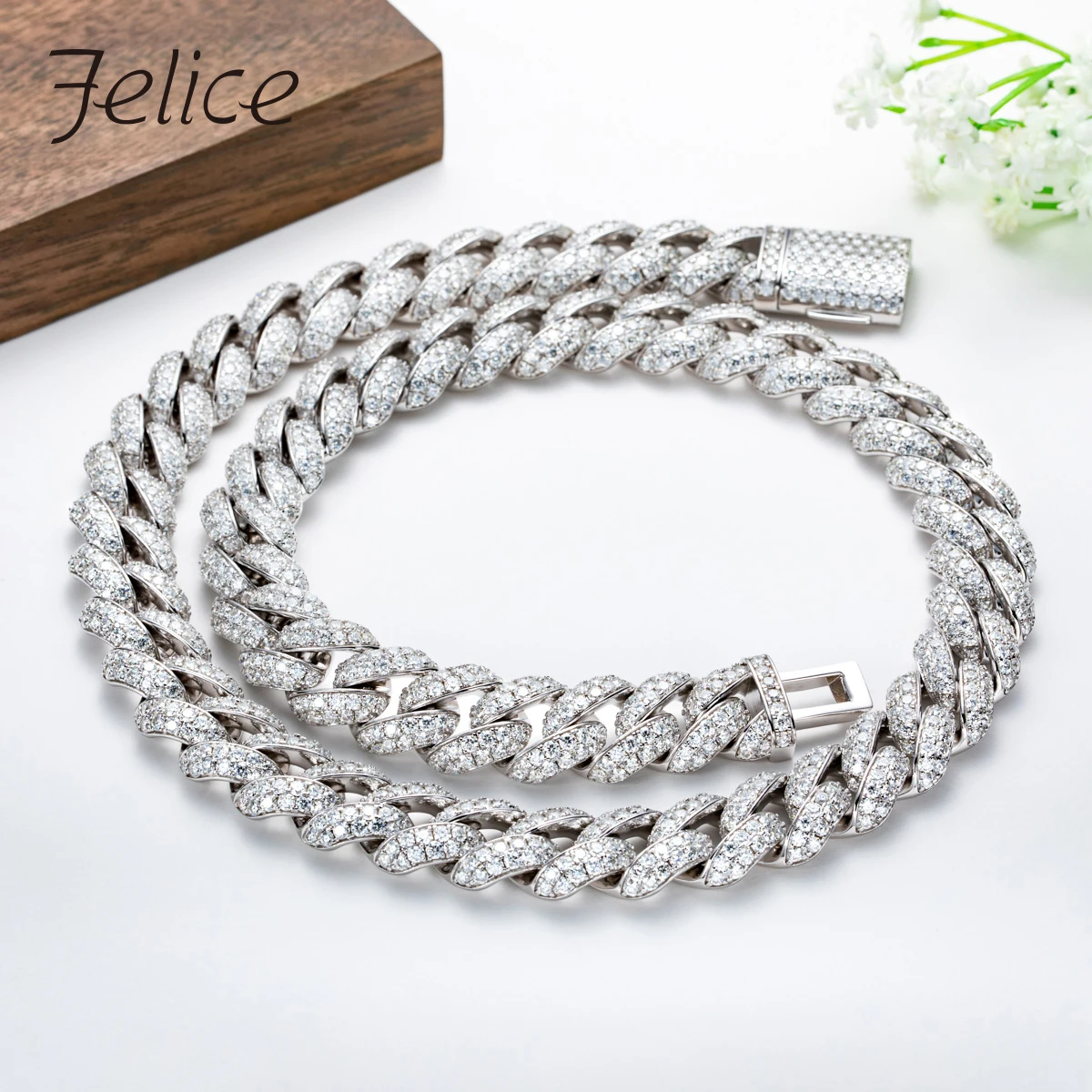 

Felice 4mm Moissanite Cuban Bracelet 925 Sterling Silver With Cer D Color Lab Diamond Luxurious Bracelet&Necklace For Women&Men