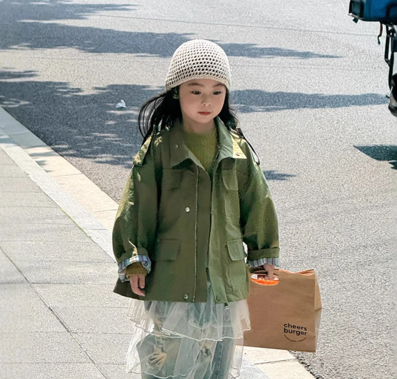 

Children Retro Army Green Windbreaker Girls Workwear Coat Waist 2025 Autumn New Korean Girls Jacket