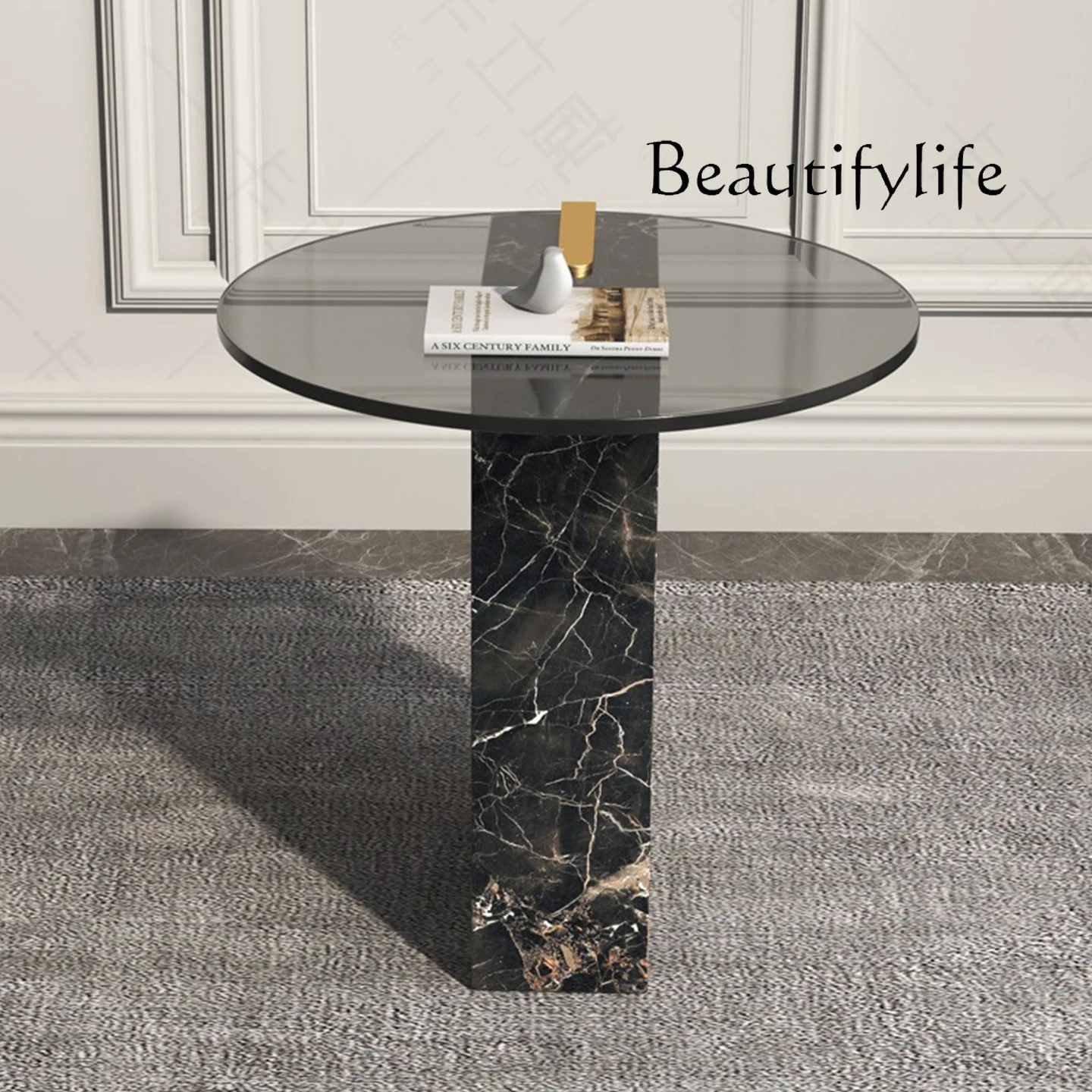 

Italian light luxury gray glass corner sofa round marble edge modern minimalist designer creative idea