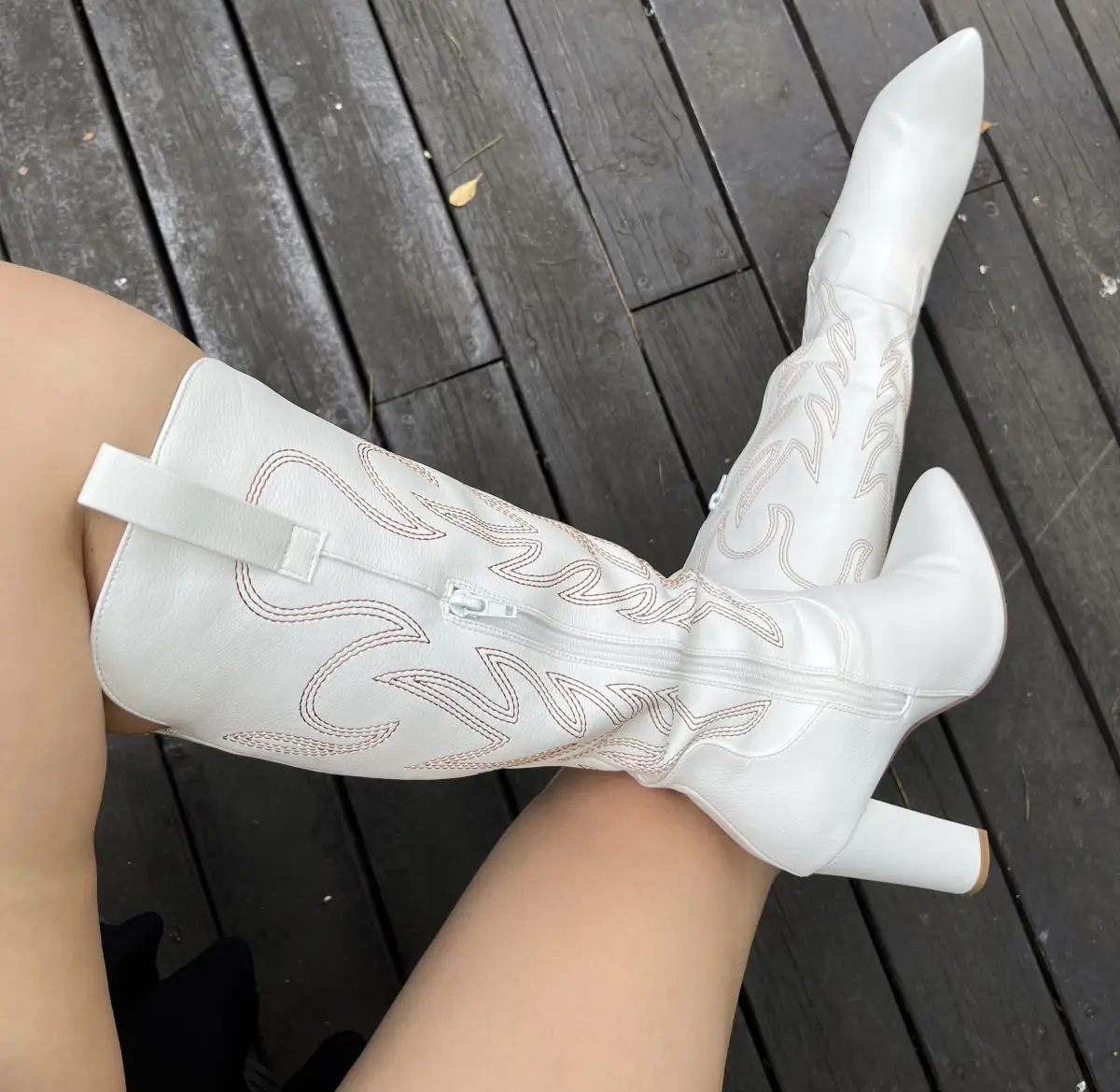 

2024 Traf New White Large Embroidered High Heel Cowboy Cowgirl Women's Boots Knee High Long Boots Wedding Western boot