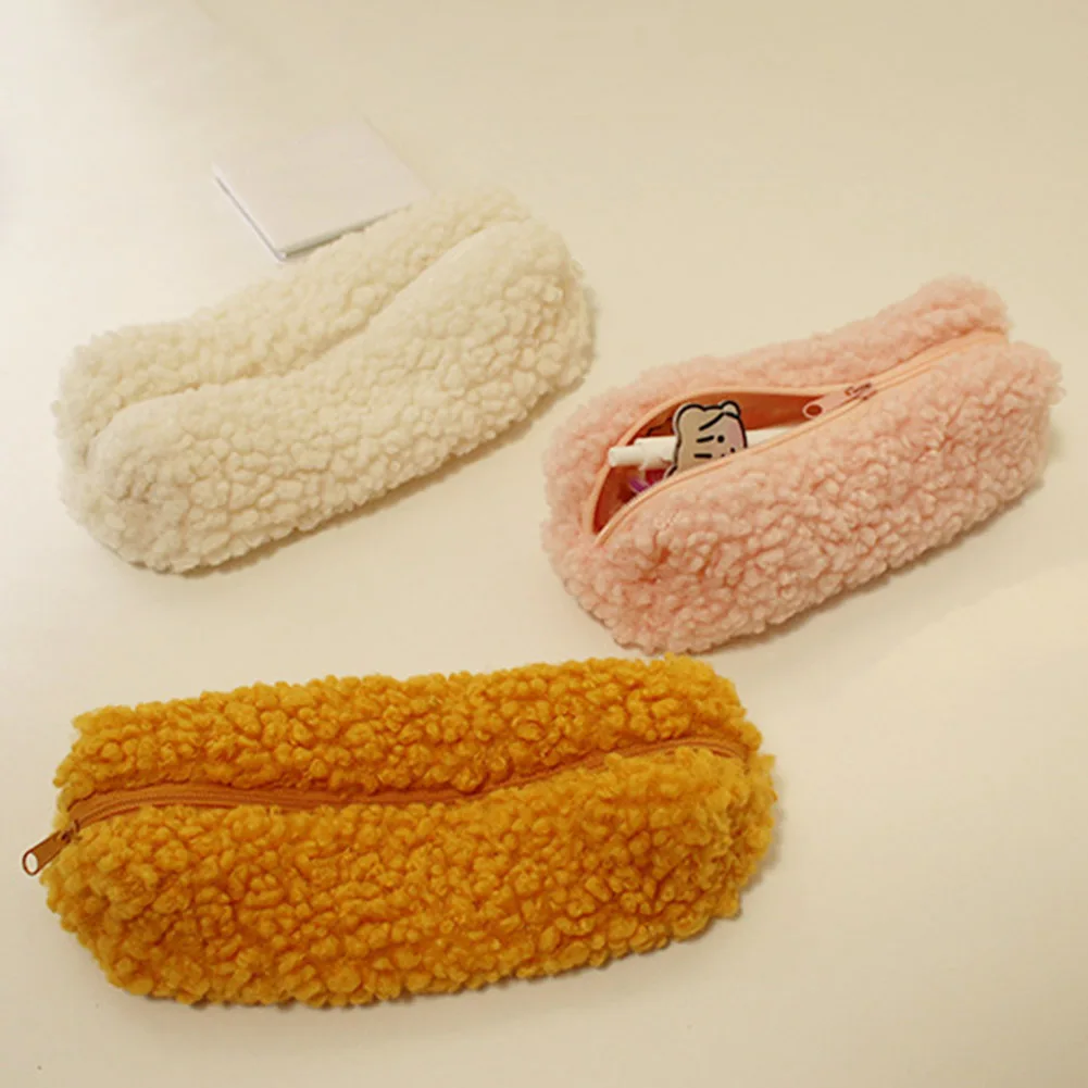 Pencil Case Pen Pouch Plush Kawaii Zipper Bags Cosmetic Make Up Organizer Pouch School Office Supplies(Beige)