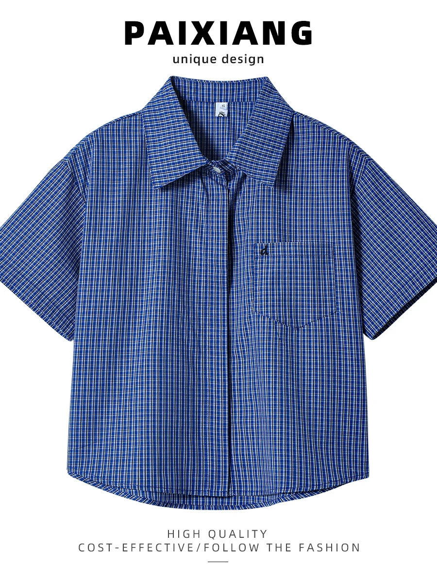 

PAIXIANG Retro Plaid Short Sleeve Casual Shirt Women's Summer Loose Slimming Versatile Top UV Protection Collar Button up