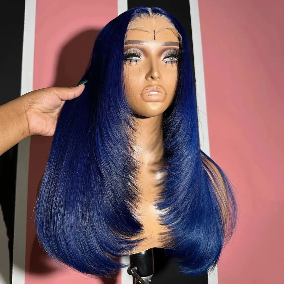 

Dark Blue Layered Cut Straight Lace Front Wig 13x4 HD Glueless PrePlucked Burgundy Red Synthetic And Blend High Quality Daily