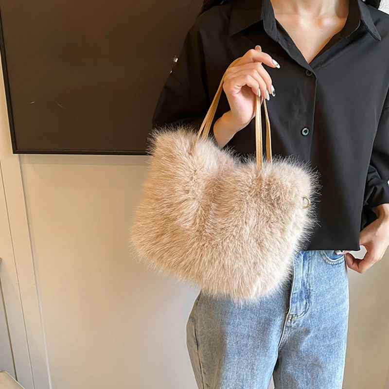 New Hairy Handbag Pearl Chain Plush Small Square Bag Women Fashion 