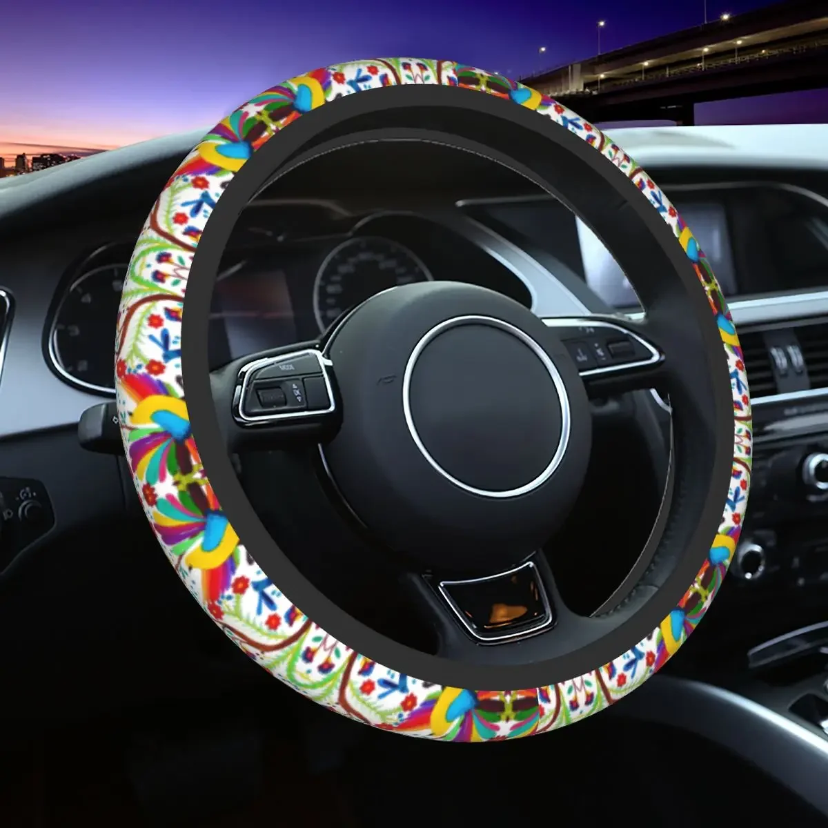 38cm Mexican Otomi Flowers Amate Steering Wheel Cover Mexico Textile Auto Car Steering Wheel Protector for SUV Car Accessories