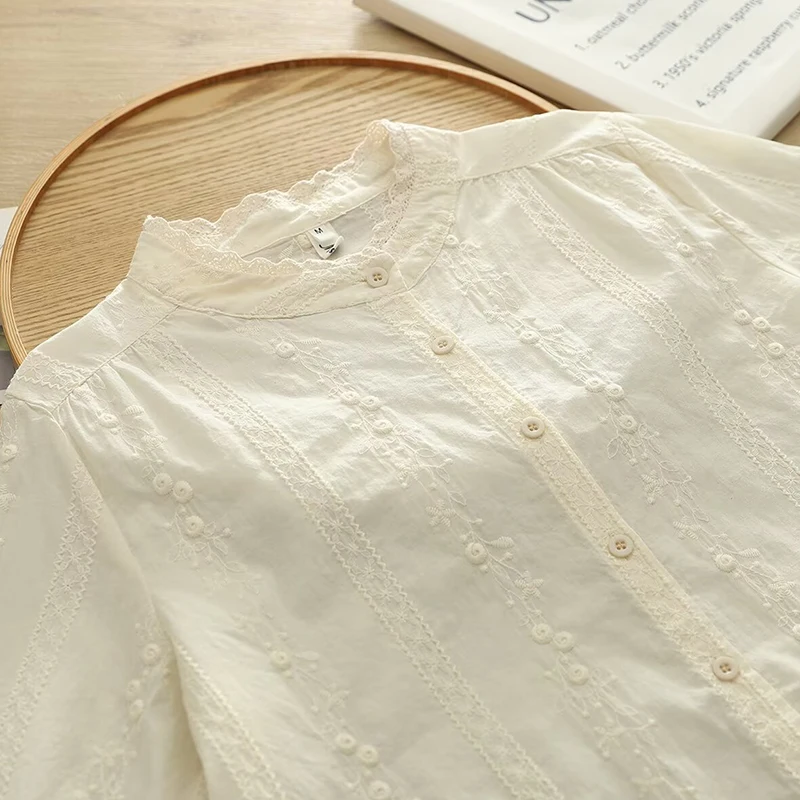 

Весенне-осенние кружевные топы с 3D цветочным бутоном, женская одежда, хлопковые рубашки и блузки белого абрикосового цвета с длинными рукавами U114