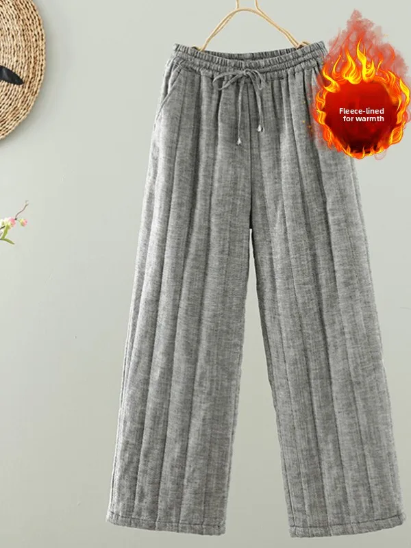 Winter New Faionable Cotton-Lined Linen Pants Warm Straight Leg Dstring Casual Trousers for plus Size Women