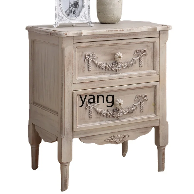 

Yjq Carved Two-Drawer Solid Wood Bedside Cabinet Bedroom Bedside Country Retro Storage Storage Chest of Drawers