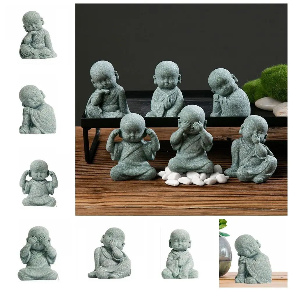 Multiple Styles Cute Little Monk Ornament Chinese Style DIY Mini Bald Monk Green Sandstone Buddha Statue Fish Pond Landscaping