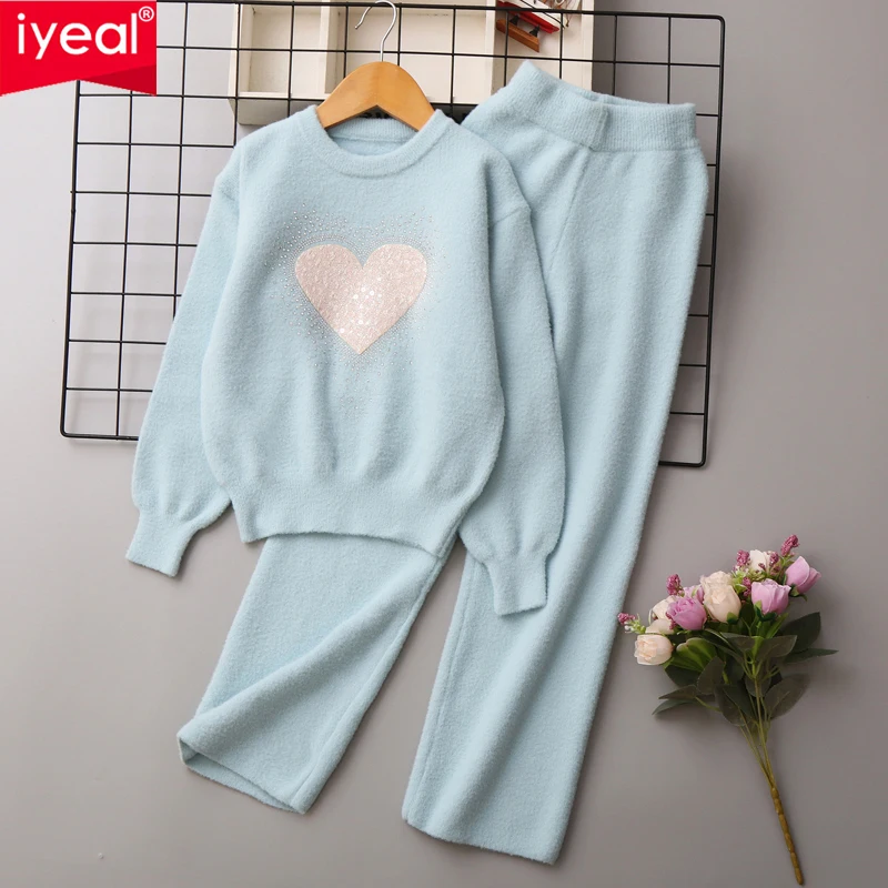 IYEAL 7-12Y Girls' 2026 Autumn/Winter Heart New Sweater+Pants Set Girls' Knitted Sweater Two Piece Set Casual Sets