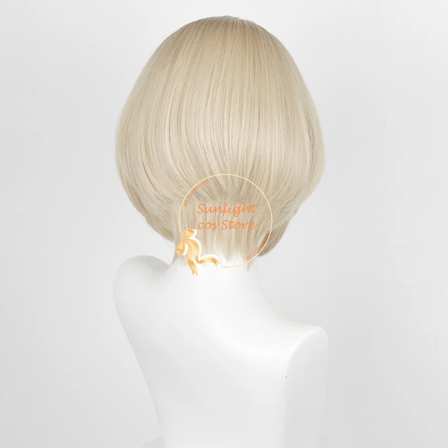 Freminet Cosplay Wig 30cm Short Light Beige Gold Wig Simulated Scalp Women Anime Wig Heat Resistant Synthetic Hair + Wig Cap