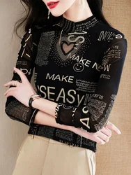 Long Sleeve T Shirt for Women Sequin Printing Glitter Black Turtleneck Rhinestone Tops Woman Y2k Fashion Korea Pulovers Harajuku