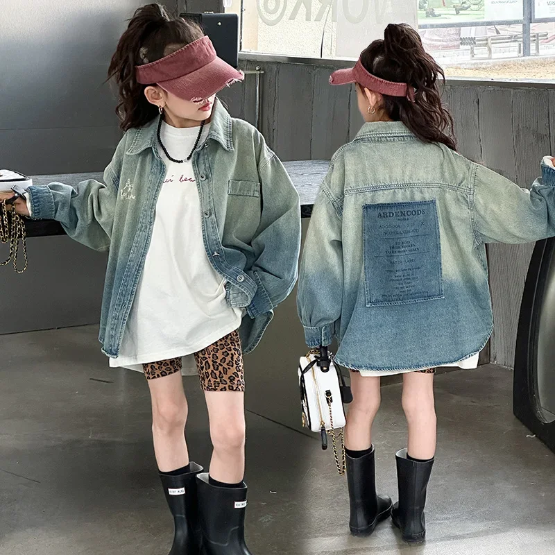 Leisure junior Girls Child Blue Denim Shirt Coat Autumn Loose Fashion Versatile Casual teen Kids Boy shirts wear clothes 4-12 14