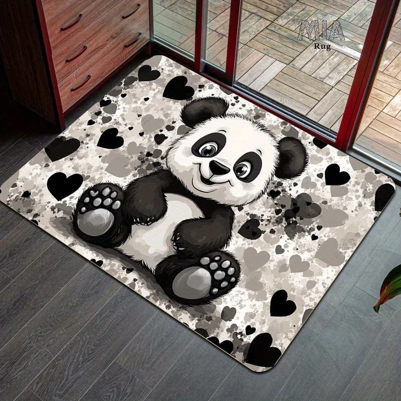 Cute Panda Doormat, Cartoon Bear Entrance Rug, Black Heart Pattern Floor Mat, Soft Home Decor, Non-slip Bathroom Carpet