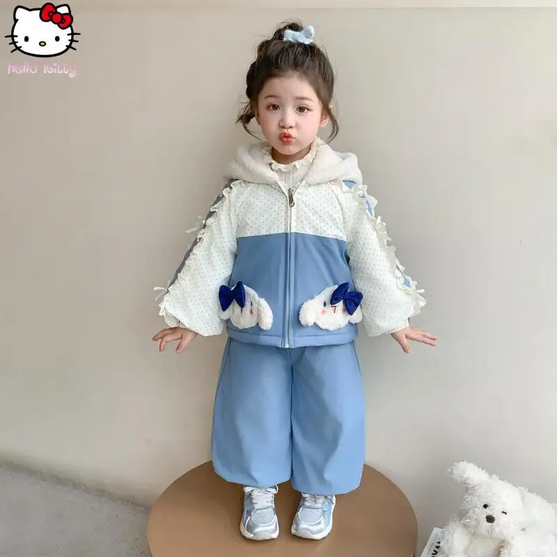 

Детское теплое кавайное пальто с кружевом и бантом, брючный костюм, костюм с аниме собакой, осень-зима, новый повседневный утолщенный свитшот для девочек, топы из двух предметов