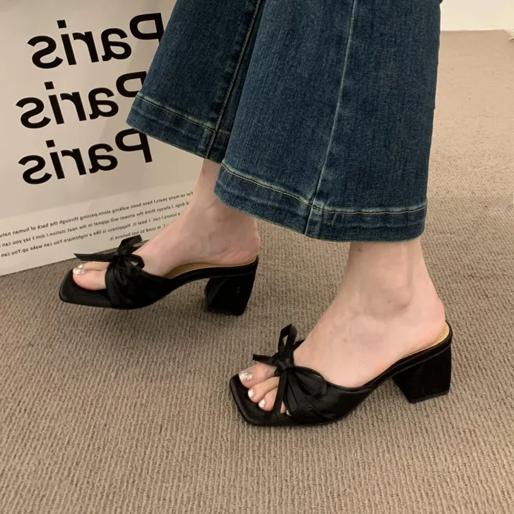 Exquisite Bowknot Decoration Slippers Solid Color Peep Toe Women's Chunky Heel Shoes Minimal Versatile Ladies Sandals