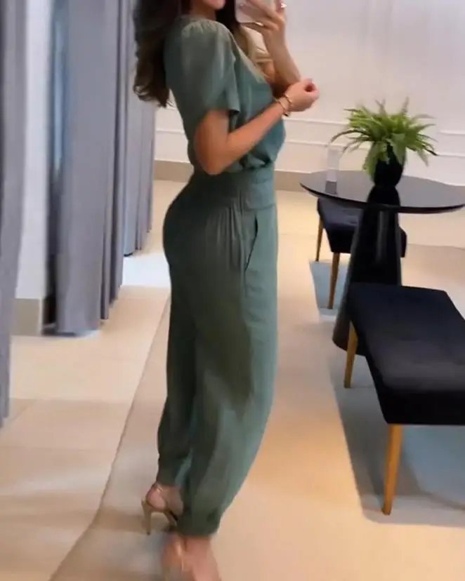 Casual Puff Sleeve Top & High Waist Cuffed Pants Set Polyester Plain V-Neck Design Daily 2023 Fashion Two Piece Outfits
