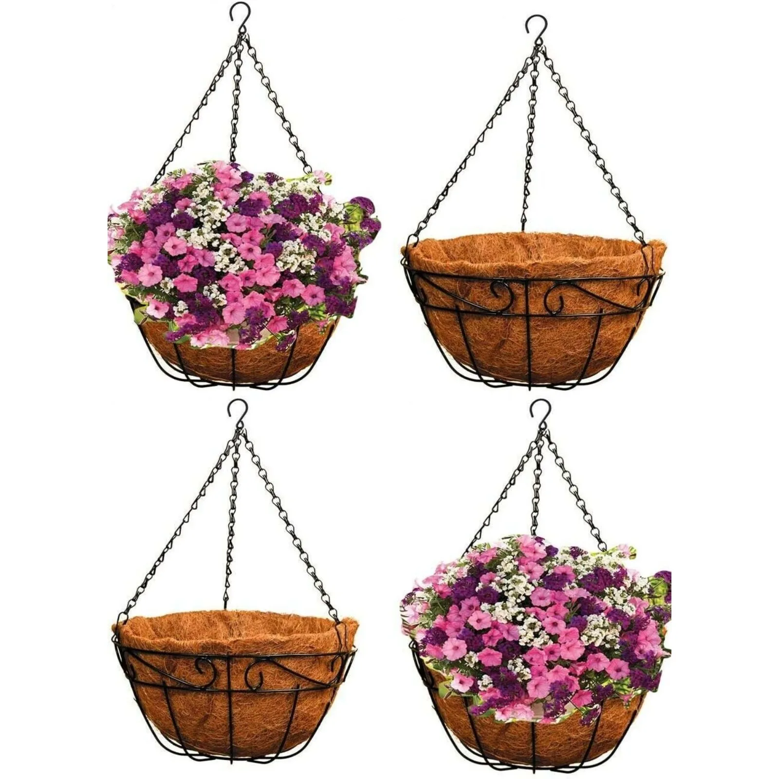 US 4-piece 14-inch metal hanging flowerpot basket, round wire plant bracket with cocoa coil lining-