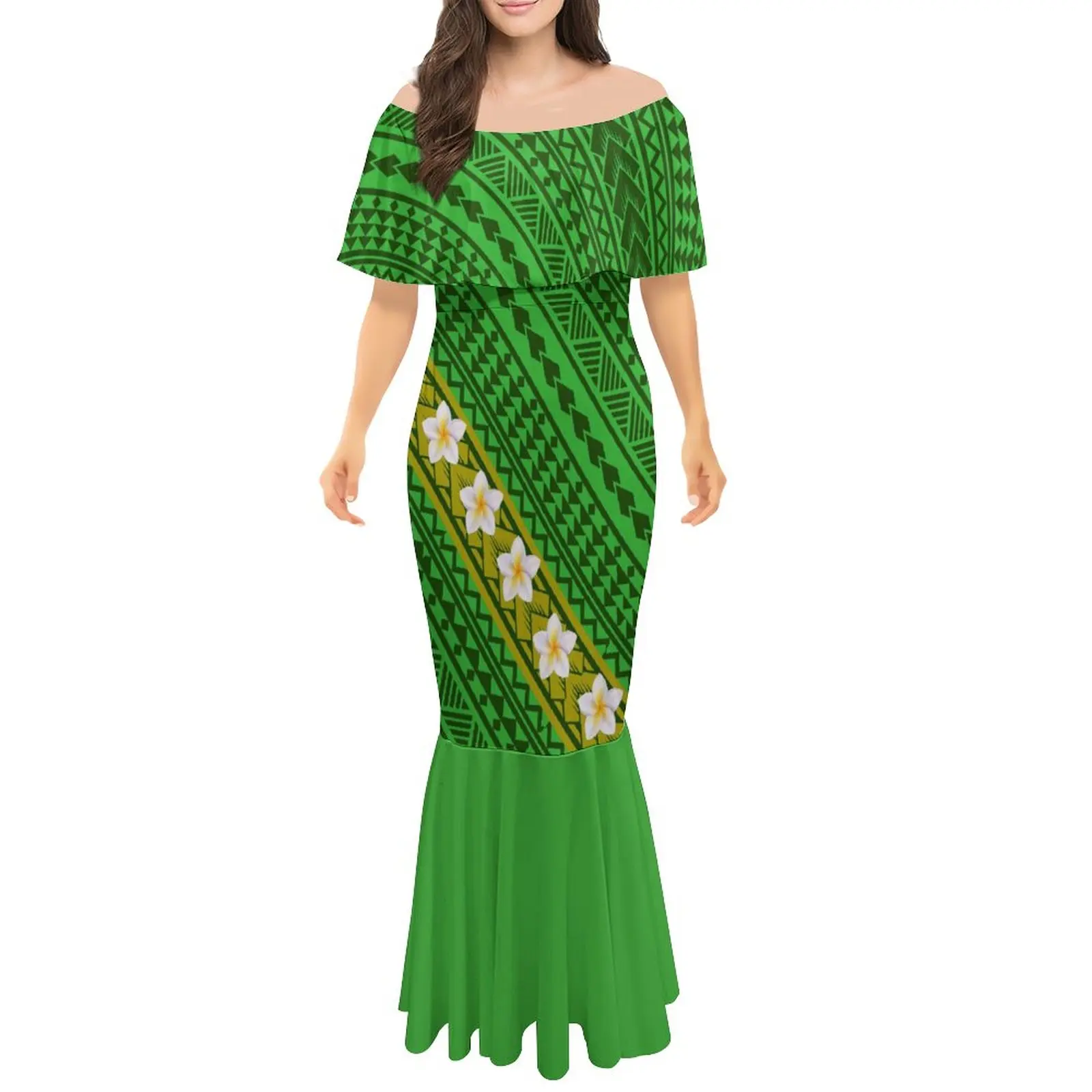 Polynesian Tribal Print Women Bare Shoulders Dresses Mermaid Skirt  Couples Match Clothing Men Shirts 2 Piece Set