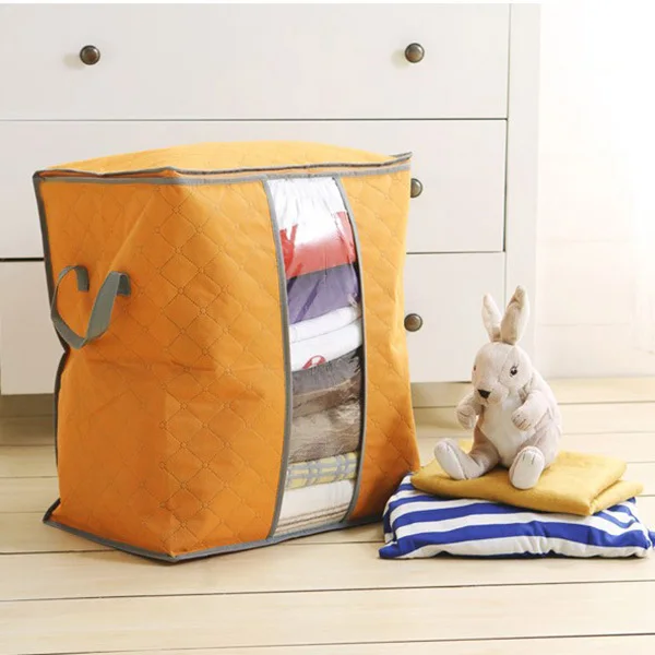

Bamboo Charcoal Clothes Quilt Storage Bag Orange Zipper Handles Bedding Organizer Moisture Absorbing Strong Stitching
