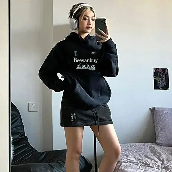 Retro Pattern Sweatshirt Women American Loose Round Neck Solid Color Sports Pullover Harajuku Autumn Winter Top