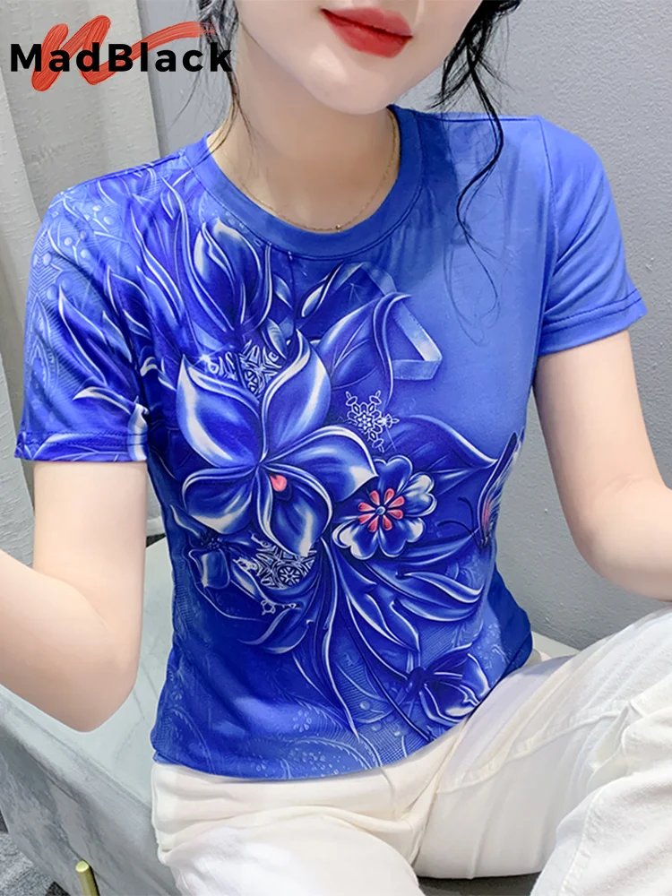 MadBlackยุโรปเสื้อผ้าTshirtผู้หญิงเซ็กซี่รอบคอตําแหน่งพิมพ์Slimตาข่ายเสื้อแขนสั้นTeeฤดูร้อนใหม่ 2024 T44902JM