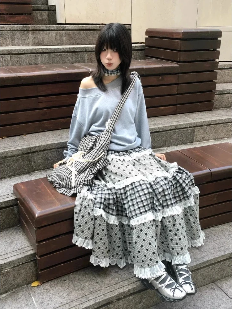 일본 우아한 레트로 체크 웨이브 포인트 스커트 여성 레이스 패치워크 러플 A라인 스커트 하라주쿠 디자인 한국 인기 의류