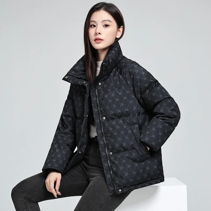 Women's Autumn Winter Top Coat Cotton Coat Printed Stand-up Collar Short Thickened Fleece Lining Simple Casual Design Fashion