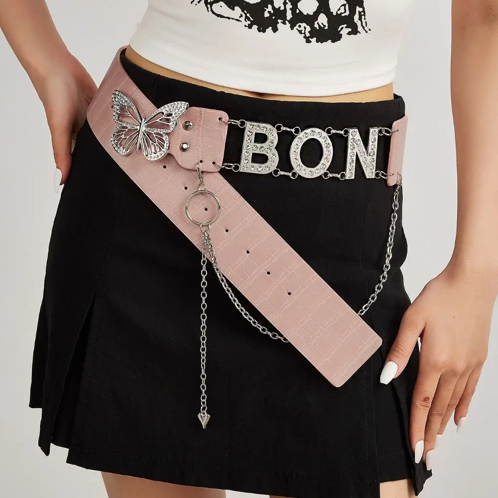 فريدة من نوعها بو الجلود حجر الراين أحزمة Y2K التوابل فتاة فراشة الخصر سلسلة سبيكة إلكتروني حزام تنورة الملحقات