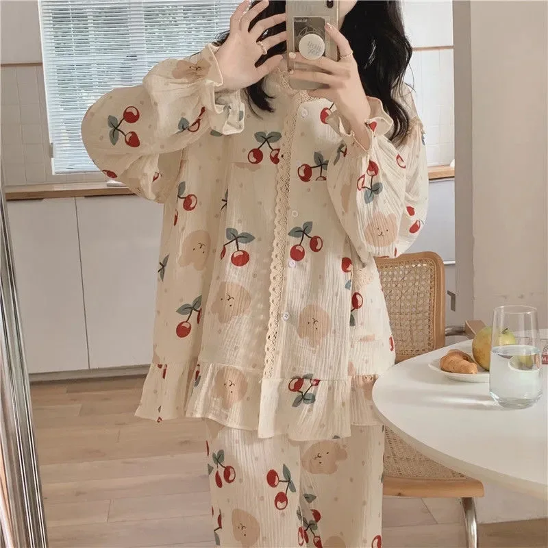 2026 Princess Style Women's Plus Size Student Nightwear Ladies Sweet Breathable Crew Neck Sleepwear Loungewear