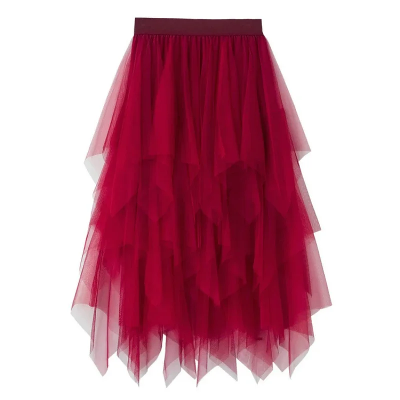 Spring Irregular Cakee Layered Long Mesh Skirt Candy Color Violet Mustard Tiered Long Tulle Skirts 10 Colors