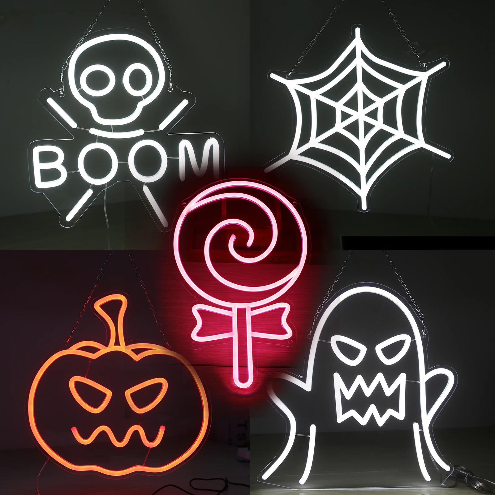 Neon Light Sign for Halloween Decoration, Evil Spider Web, Pumpkin Lollipop Signs, Happy Walloween, Holiday Wall Decor