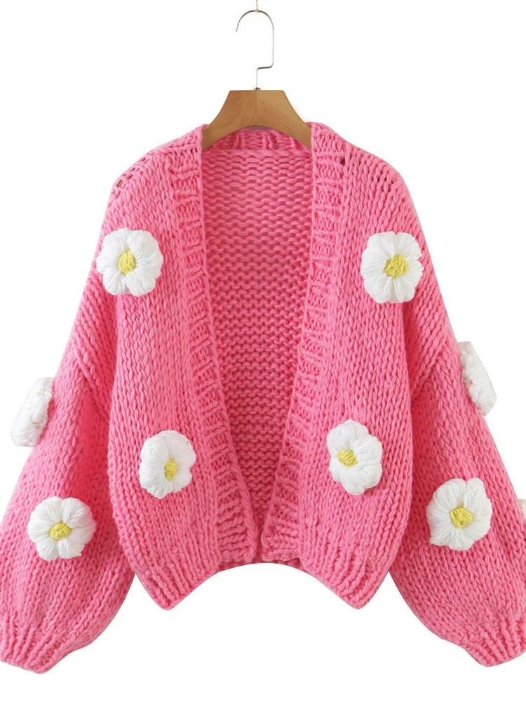 LANMREM European And American Style Handmade Flower Lantern Sleeve Knitted Cardigan Women\'s Loose Style Thick Sweater 2DA8301