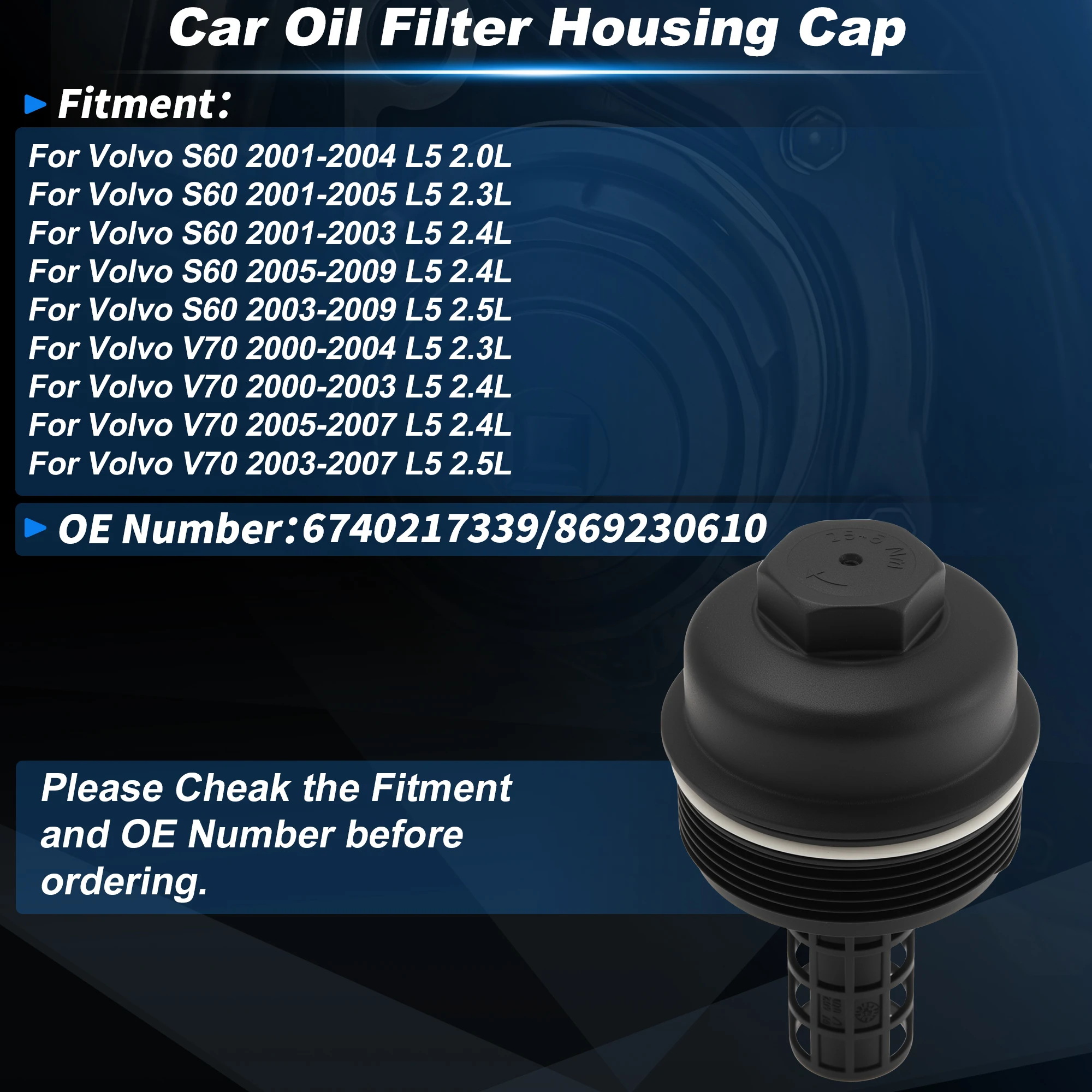 X Autohaux Car Oil Filter Housing Cap for Volvo S60 2001-2004 L5 2.0L