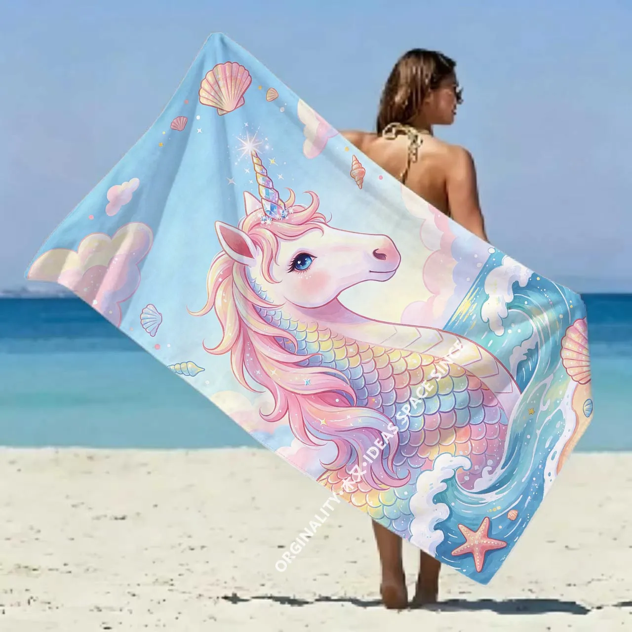 Magical Unicorn Mermaid Beach Towel Patterned Sunscreen And Windproof Suitable For Swimming Pool Camping Travel