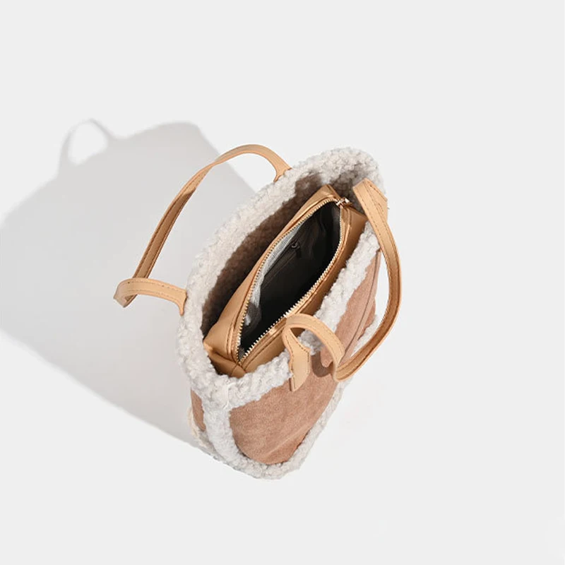 Tas wol wanita, kantung bahu lembut sehari-hari tambal sulam berpergian baru di musim dingin 2024